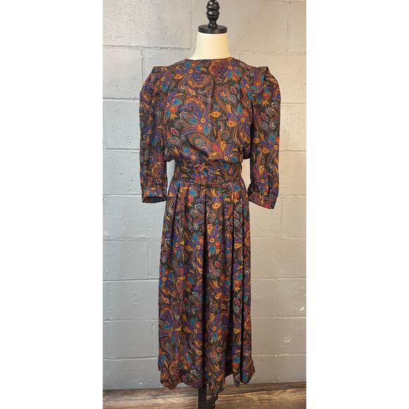 Vintage 1980s Sheer Floral Psychedelic Paisley Blouson Midi Dress Shirt Dress SM - Picture 1 of 10